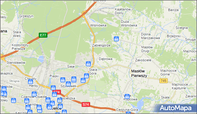 mapa Dąbrowa gmina Masłów, Dąbrowa gmina Masłów na mapie Targeo