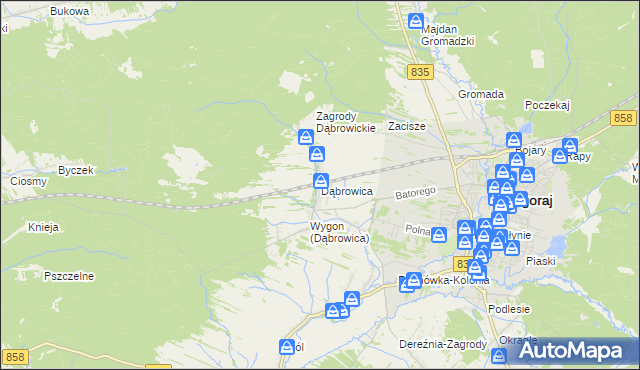 mapa Dąbrowica gmina Biłgoraj, Dąbrowica gmina Biłgoraj na mapie Targeo