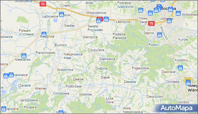 mapa Dąbrowica gmina Bochnia, Dąbrowica gmina Bochnia na mapie Targeo