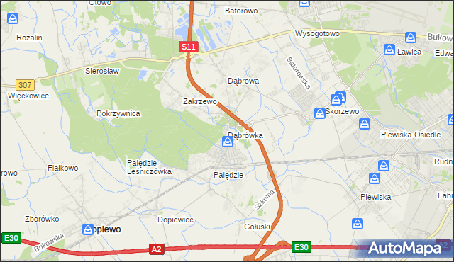 mapa Dąbrówka gmina Dopiewo, Dąbrówka gmina Dopiewo na mapie Targeo