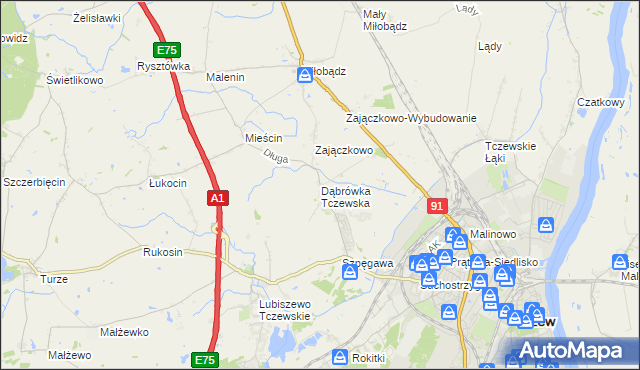 mapa Dąbrówka Tczewska, Dąbrówka Tczewska na mapie Targeo