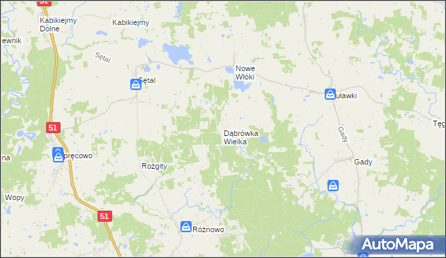 mapa Dąbrówka Wielka gmina Dywity, Dąbrówka Wielka gmina Dywity na mapie Targeo