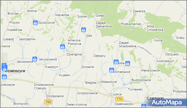 mapa Dębiany gmina Działoszyce, Dębiany gmina Działoszyce na mapie Targeo