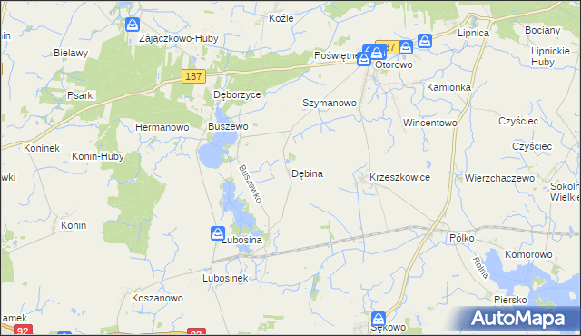 mapa Dębina gmina Pniewy, Dębina gmina Pniewy na mapie Targeo