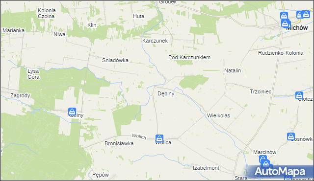 mapa Dębiny gmina Abramów, Dębiny gmina Abramów na mapie Targeo