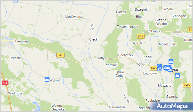 mapa Dęby gmina Łyse, Dęby gmina Łyse na mapie Targeo