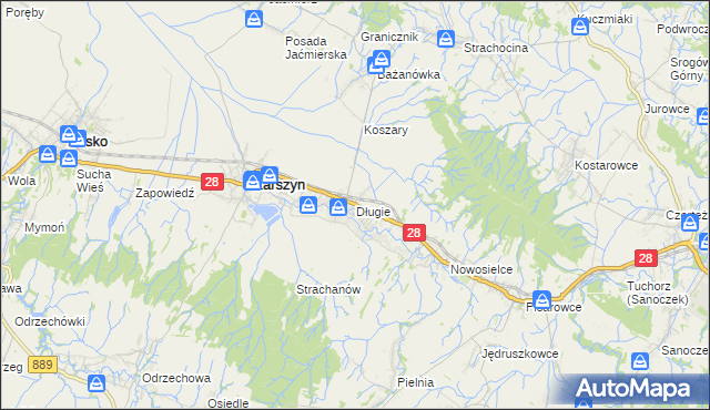 mapa Długie gmina Zarszyn, Długie gmina Zarszyn na mapie Targeo