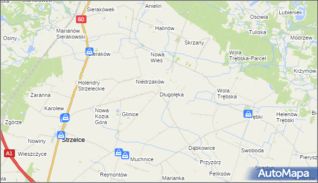 mapa Długołęka gmina Strzelce, Długołęka gmina Strzelce na mapie Targeo