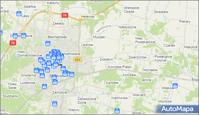 mapa Dobiecin gmina Bełchatów, Dobiecin gmina Bełchatów na mapie Targeo
