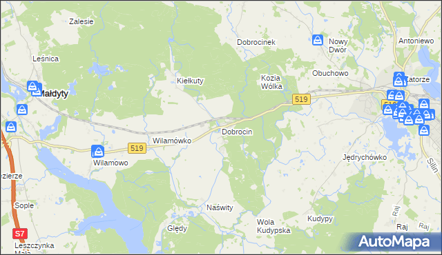 mapa Dobrocin gmina Małdyty, Dobrocin gmina Małdyty na mapie Targeo