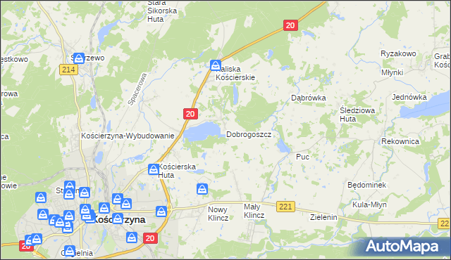 mapa Dobrogoszcz gmina Kościerzyna, Dobrogoszcz gmina Kościerzyna na mapie Targeo
