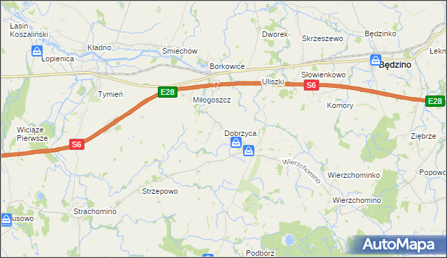 mapa Dobrzyca gmina Będzino, Dobrzyca gmina Będzino na mapie Targeo