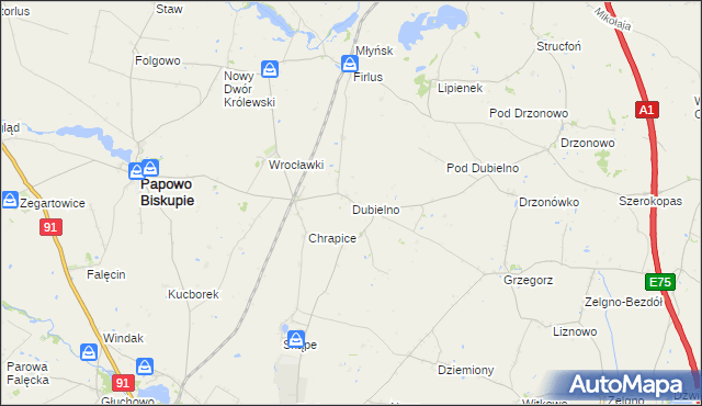 mapa Dubielno gmina Papowo Biskupie, Dubielno gmina Papowo Biskupie na mapie Targeo