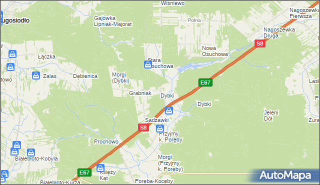 mapa Dybki gmina Ostrów Mazowiecka, Dybki gmina Ostrów Mazowiecka na mapie Targeo