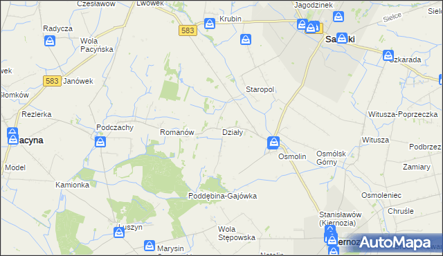 mapa Działy gmina Sanniki, Działy gmina Sanniki na mapie Targeo