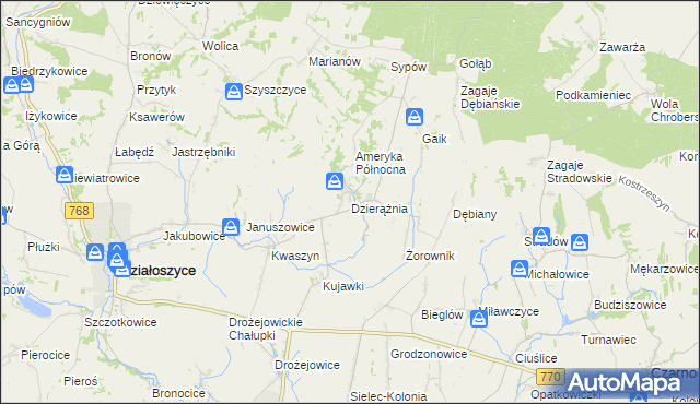 mapa Dzierążnia gmina Działoszyce, Dzierążnia gmina Działoszyce na mapie Targeo