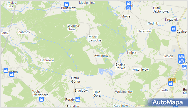 mapa Ewelinów gmina Łopuszno, Ewelinów gmina Łopuszno na mapie Targeo
