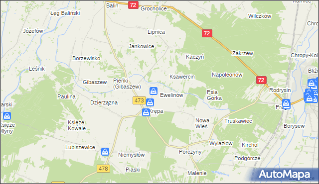 mapa Ewelinów gmina Poddębice, Ewelinów gmina Poddębice na mapie Targeo