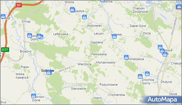 mapa Feliksówka gmina Sobków, Feliksówka gmina Sobków na mapie Targeo