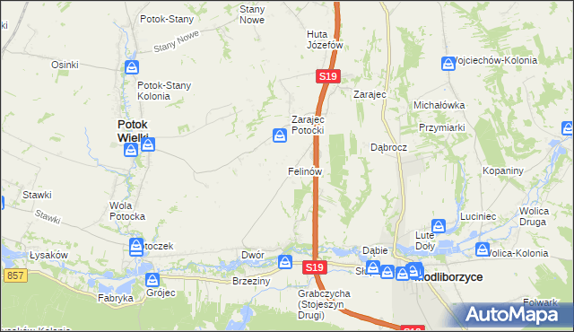 mapa Felinów gmina Modliborzyce, Felinów gmina Modliborzyce na mapie Targeo
