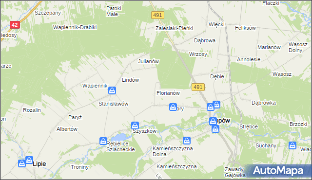 mapa Florianów gmina Popów, Florianów gmina Popów na mapie Targeo