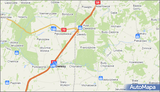 mapa Franciszków gmina Kowiesy, Franciszków gmina Kowiesy na mapie Targeo