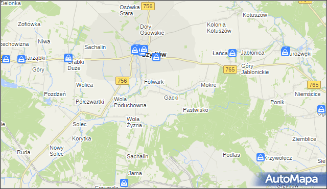 mapa Gacki gmina Szydłów, Gacki gmina Szydłów na mapie Targeo