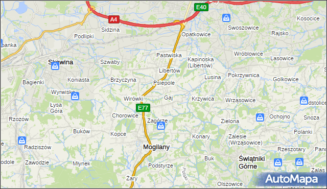 mapa Gaj gmina Mogilany, Gaj gmina Mogilany na mapie Targeo