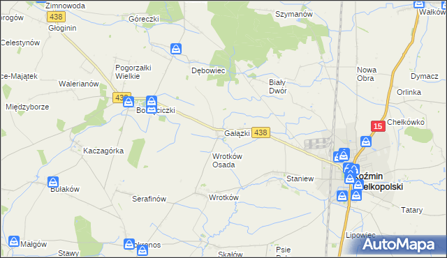 mapa Gałązki gmina Koźmin Wielkopolski, Gałązki gmina Koźmin Wielkopolski na mapie Targeo