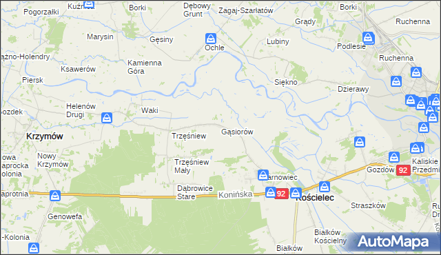 mapa Gąsiorów gmina Kościelec, Gąsiorów gmina Kościelec na mapie Targeo