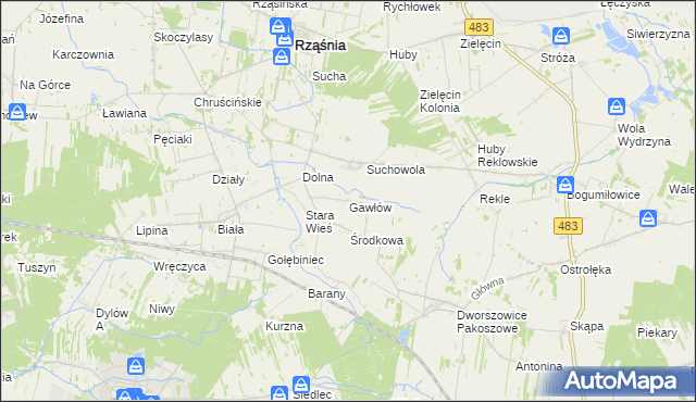 mapa Gawłów gmina Rząśnia, Gawłów gmina Rząśnia na mapie Targeo