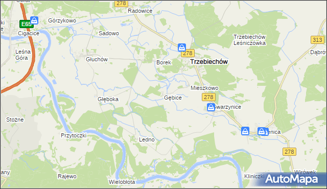 mapa Gębice gmina Trzebiechów, Gębice gmina Trzebiechów na mapie Targeo