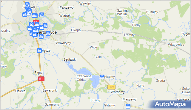 mapa Gile gmina Bartoszyce, Gile gmina Bartoszyce na mapie Targeo