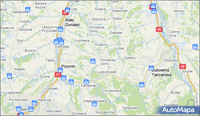 mapa Gliczarów Górny, Gliczarów Górny na mapie Targeo