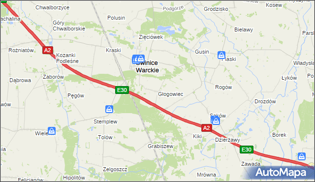 mapa Głogowiec gmina Świnice Warckie, Głogowiec gmina Świnice Warckie na mapie Targeo