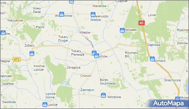 mapa Głuchów gmina Kawęczyn, Głuchów gmina Kawęczyn na mapie Targeo