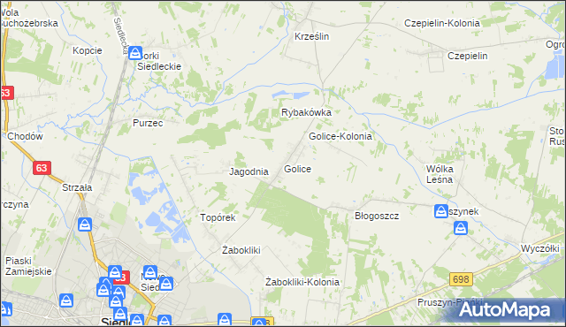mapa Golice gmina Siedlce, Golice gmina Siedlce na mapie Targeo
