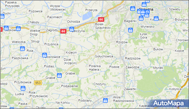 mapa Gołuchowice gmina Skawina, Gołuchowice gmina Skawina na mapie Targeo