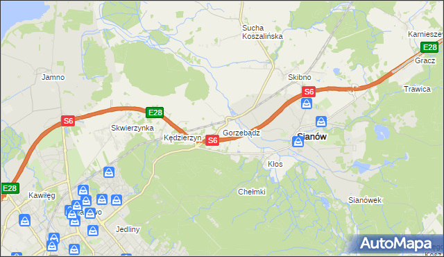 mapa Gorzebądz gmina Sianów, Gorzebądz gmina Sianów na mapie Targeo