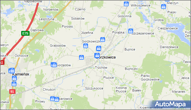 mapa Gorzkowice, Gorzkowice na mapie Targeo