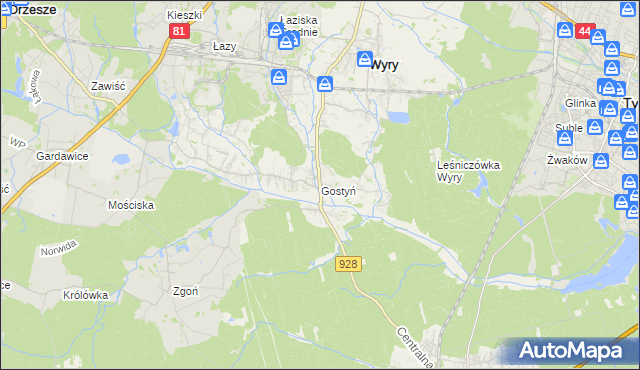 mapa Gostyń gmina Wyry, Gostyń gmina Wyry na mapie Targeo