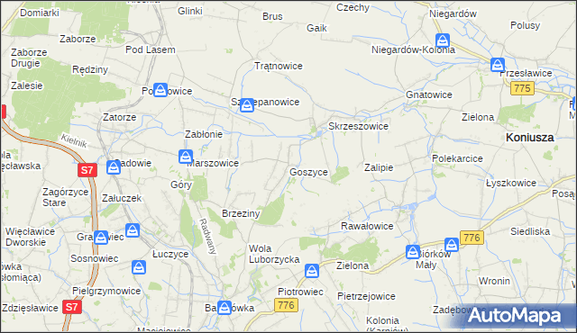 mapa Goszyce gmina Kocmyrzów-Luborzyca, Goszyce gmina Kocmyrzów-Luborzyca na mapie Targeo