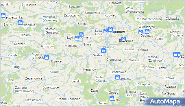 mapa Grabie gmina Łapanów, Grabie gmina Łapanów na mapie Targeo