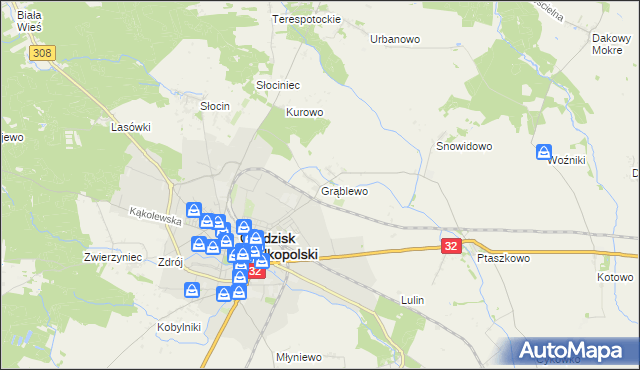 mapa Grąblewo gmina Grodzisk Wielkopolski, Grąblewo gmina Grodzisk Wielkopolski na mapie Targeo