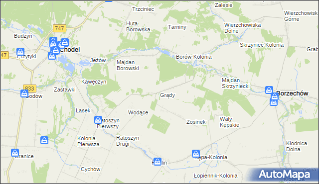 mapa Grądy gmina Chodel, Grądy gmina Chodel na mapie Targeo