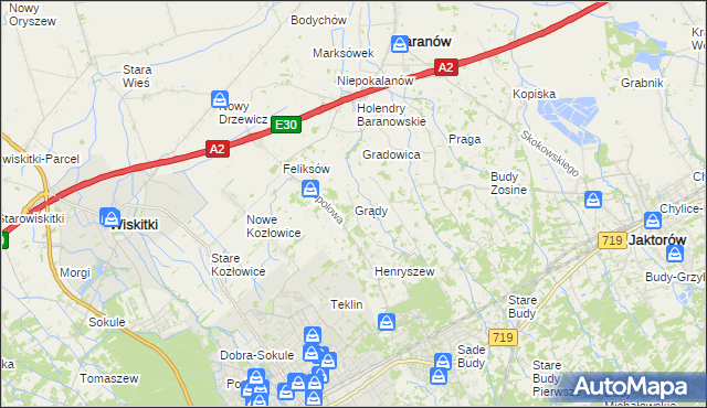 mapa Grądy gmina Jaktorów, Grądy gmina Jaktorów na mapie Targeo