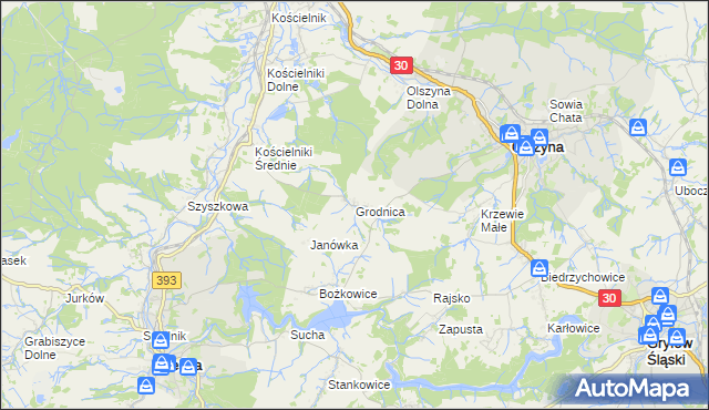 mapa Grodnica gmina Olszyna, Grodnica gmina Olszyna na mapie Targeo