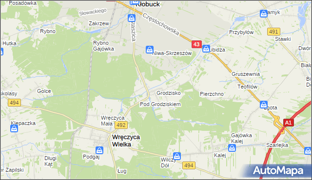 mapa Grodzisko gmina Wręczyca Wielka, Grodzisko gmina Wręczyca Wielka na mapie Targeo