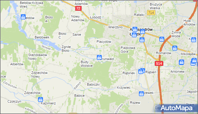 mapa Grunwald gmina Aleksandrów Łódzki, Grunwald gmina Aleksandrów Łódzki na mapie Targeo