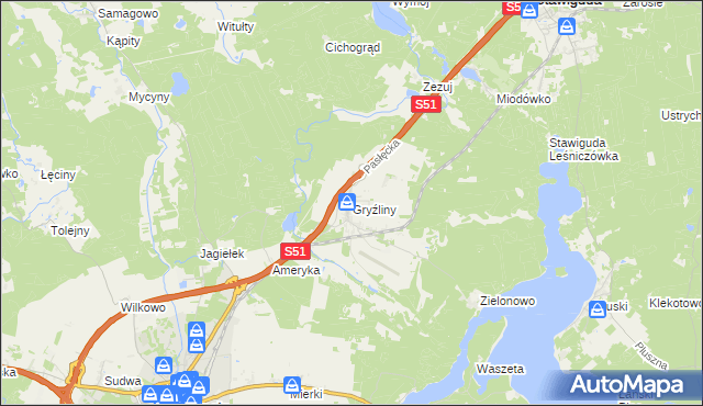 mapa Gryźliny gmina Stawiguda, Gryźliny gmina Stawiguda na mapie Targeo